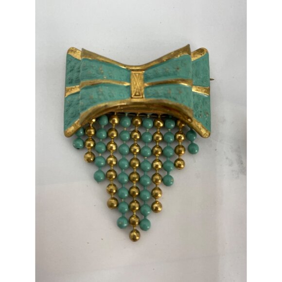 Gold & Faux Turquoise Broochs Vintage Pins Matching Bows Set of 2 - Picture 2 of 7